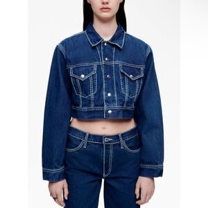 RE/DONE Women's Chunky Stitch Cropped Denim Jacket Small Blue Indigo Collar NWT